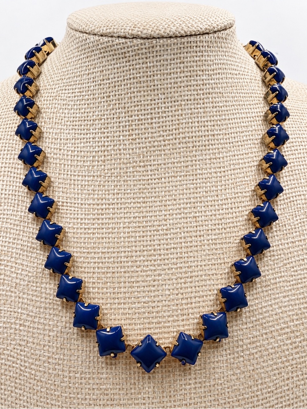Vintage Cobalt Blue Cabochon Necklace Gold Tone Square Stones Adjustable Stateme